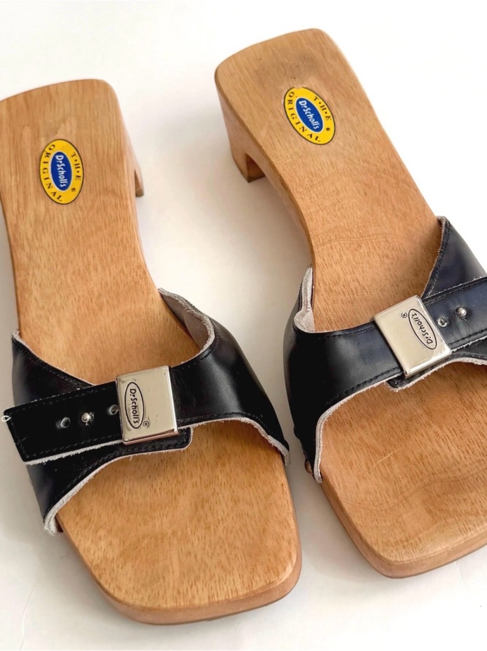 Vintage Dr. Scholl's Black Leather Wood Heel Clog Slides